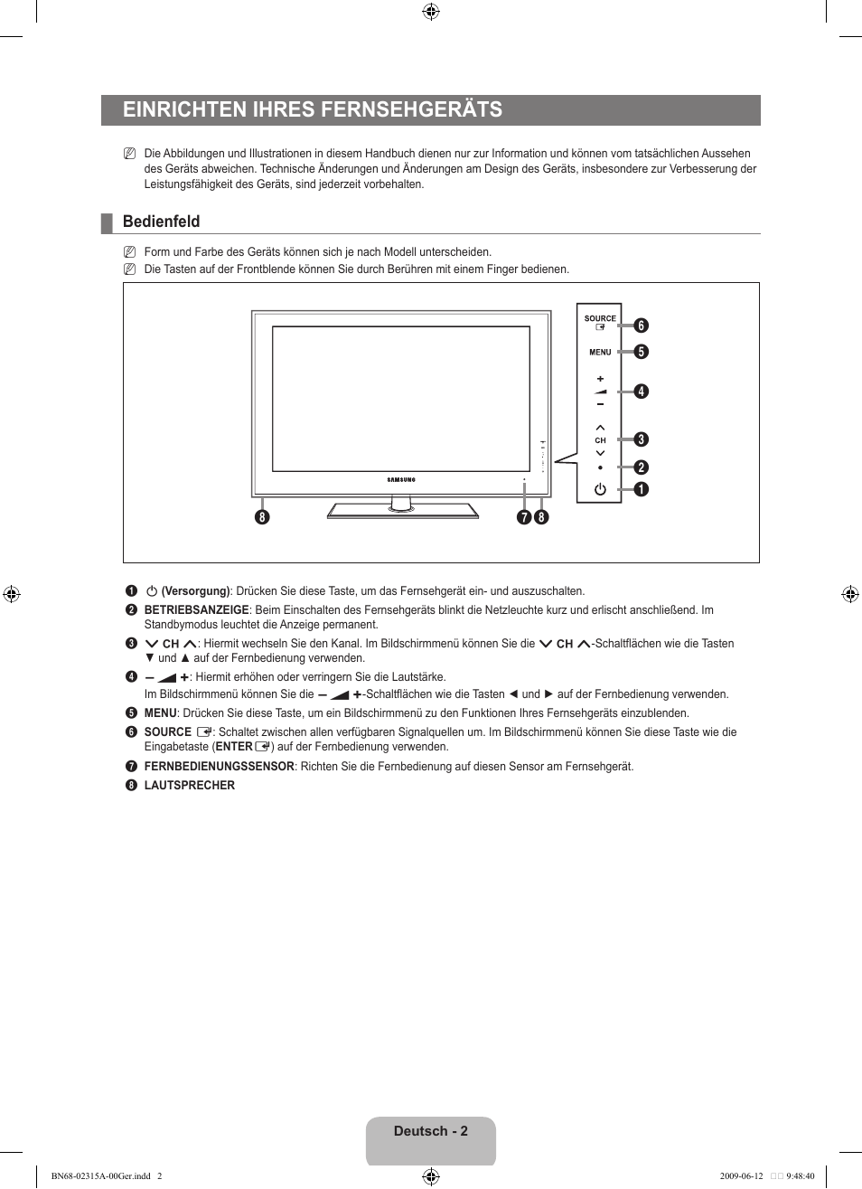 Einrichten ihres fernsehgeräts, Bedienfeld | Samsung LE32B553M3W User Manual | Page 96 / 422