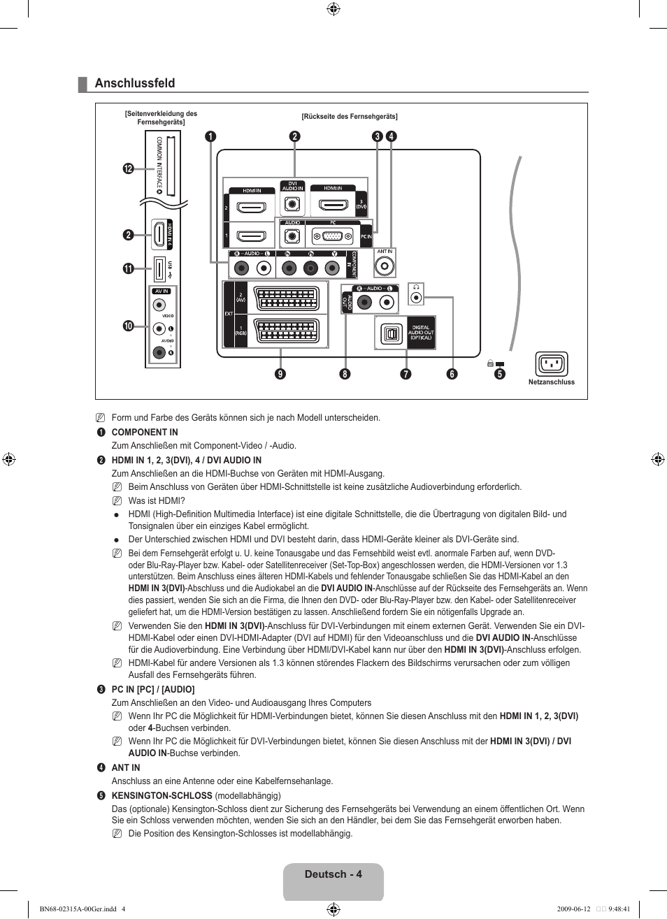Anschlussfeld | Samsung LE32B553M3W User Manual | Page 98 / 422