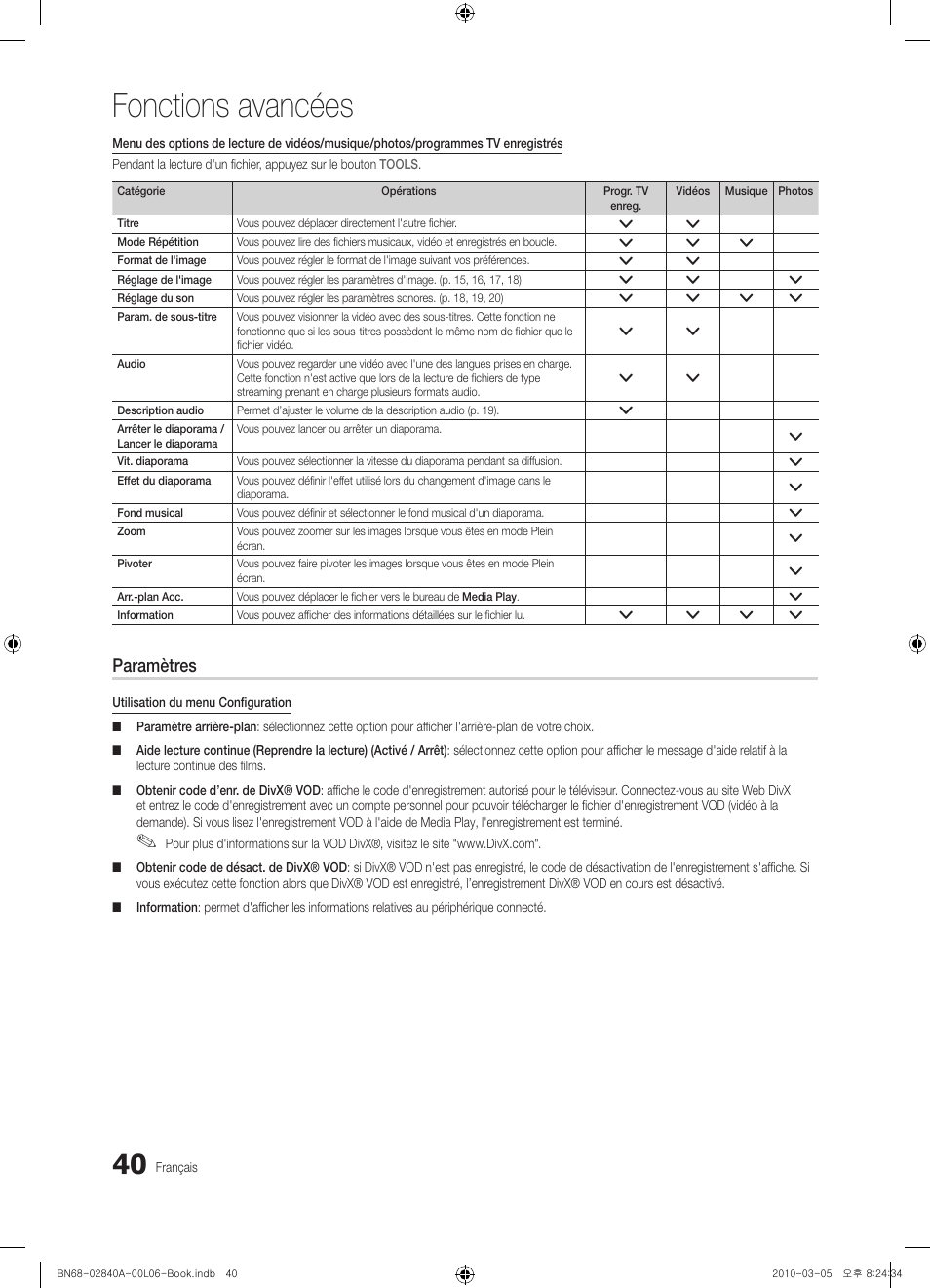 Fonctions avancées, Paramètres | Samsung UE40C6600UW User Manual | Page 100 / 362