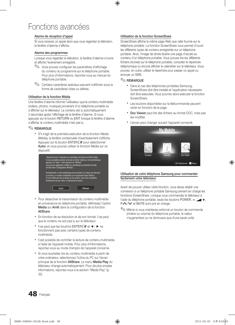 Fonctions avancées | Samsung UE40C6600UW User Manual | Page 108 / 362