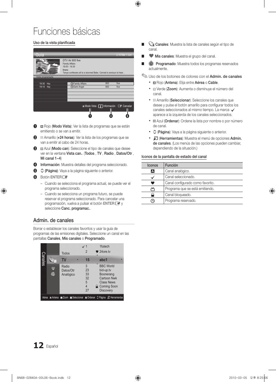 Funciones básicas, Admin. de canales | Samsung UE40C6600UW User Manual | Page 132 / 362