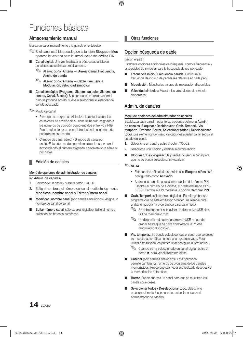 Funciones básicas, Almacenamiento manual, Opción búsqueda de cable | Admin. de canales | Samsung UE40C6600UW User Manual | Page 134 / 362