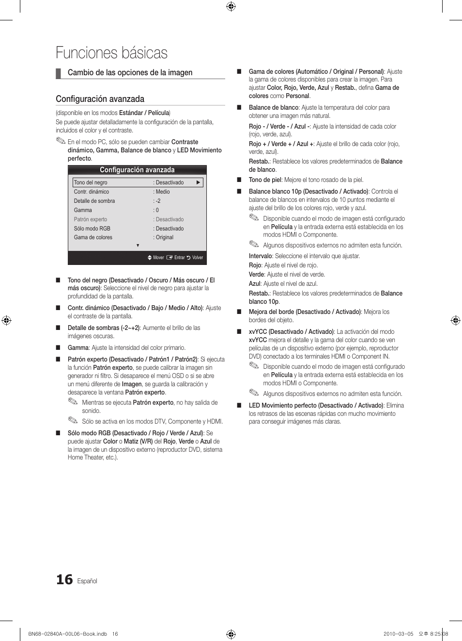 Funciones básicas, Configuración avanzada | Samsung UE40C6600UW User Manual | Page 136 / 362