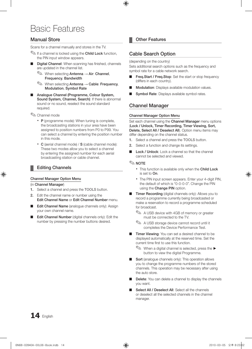 Basic features, Manual store, Cable search option | Channel manager | Samsung UE40C6600UW User Manual | Page 14 / 362