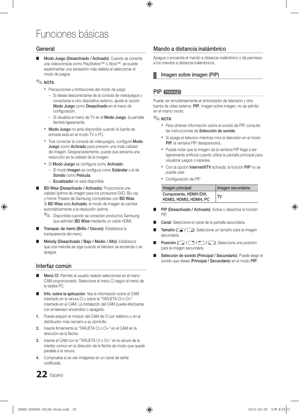 Funciones básicas, General, Interfaz común | Mando a distancia inalámbrico | Samsung UE40C6600UW User Manual | Page 142 / 362