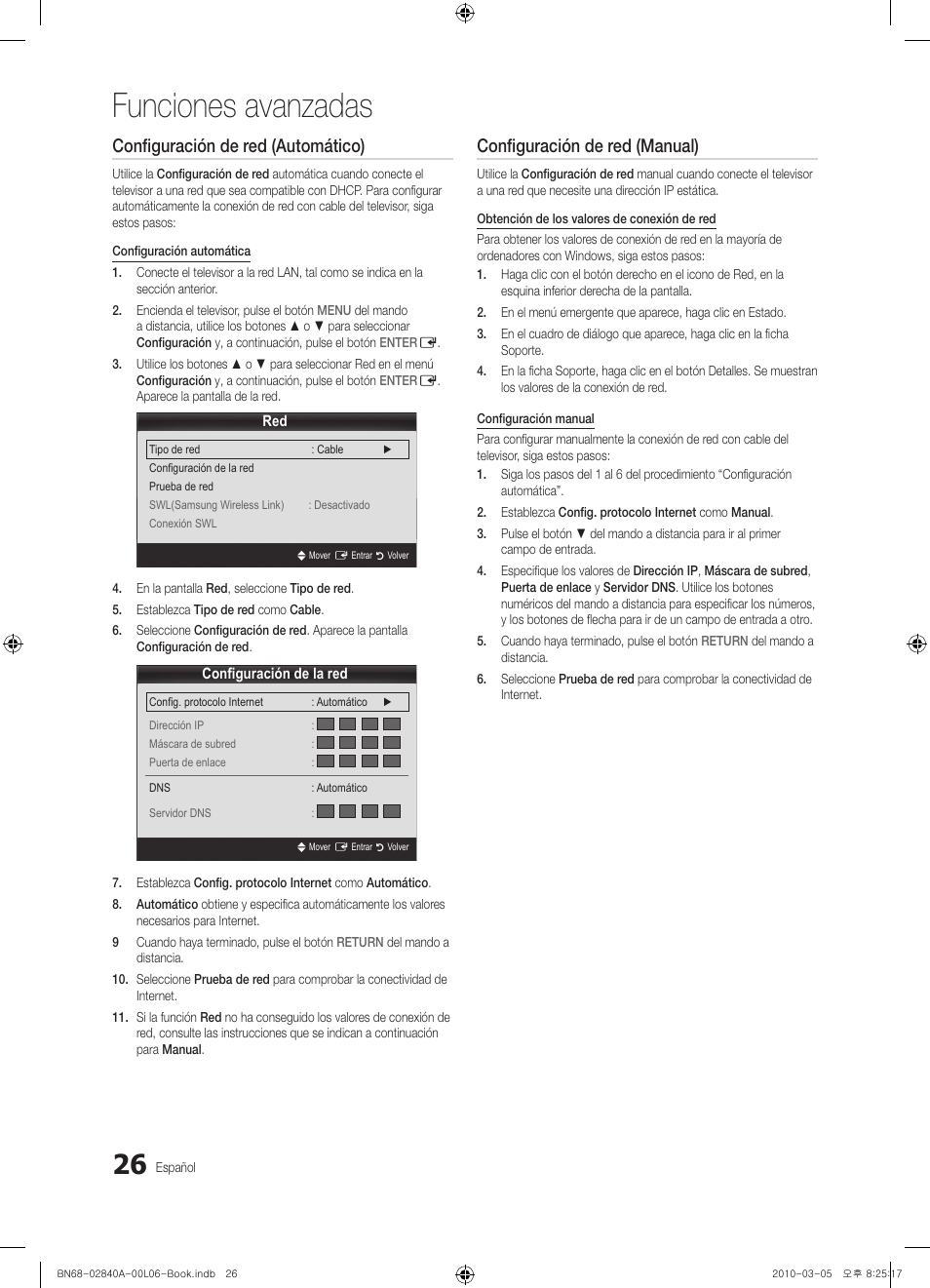 Funciones avanzadas, Configuración de red (automático), Configuración de red (manual) | Samsung UE40C6600UW User Manual | Page 146 / 362