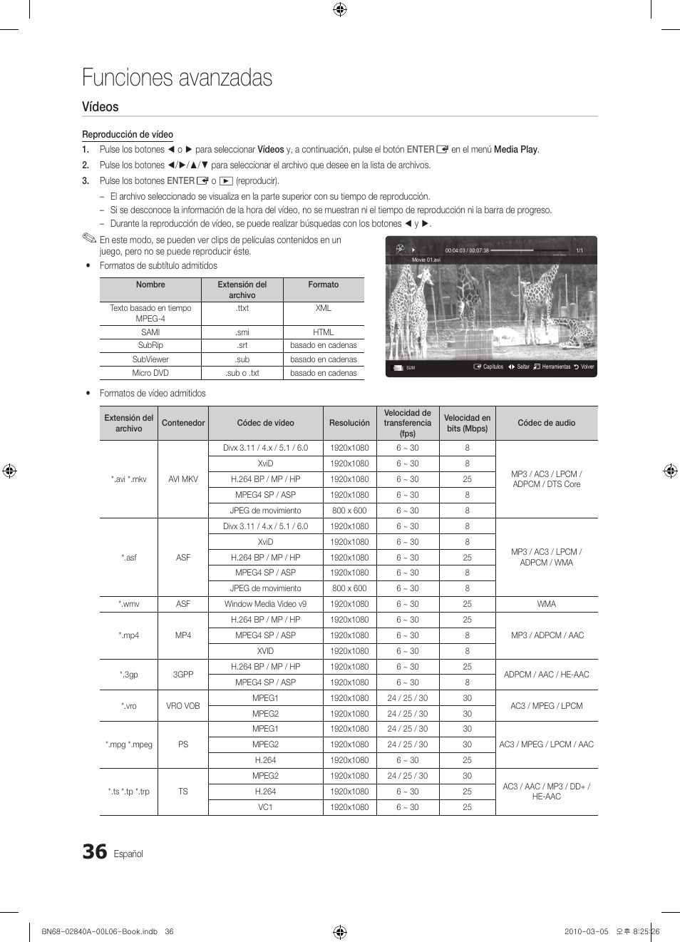 Funciones avanzadas, Vídeos | Samsung UE40C6600UW User Manual | Page 156 / 362
