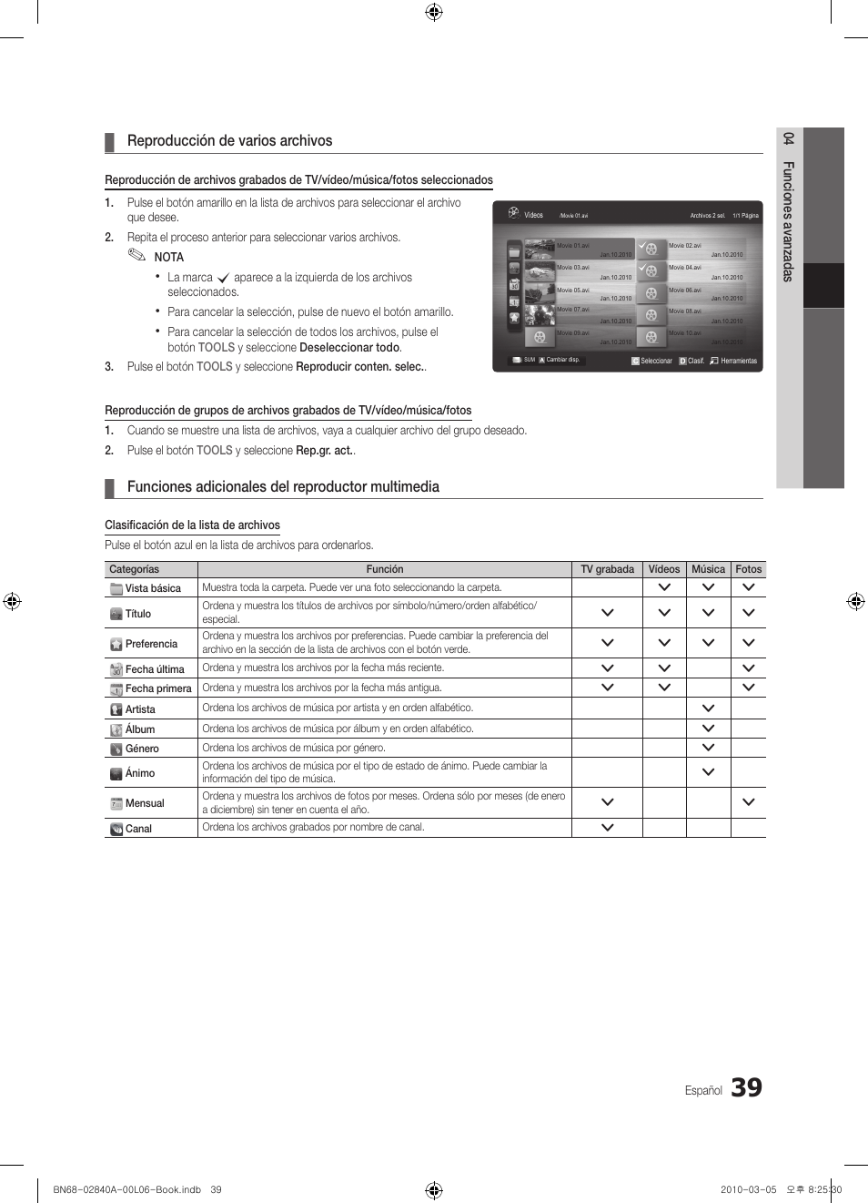 Reproducción de varios archivos, Funciones adicionales del reproductor multimedia | Samsung UE40C6600UW User Manual | Page 159 / 362