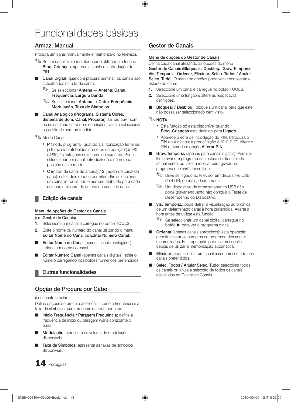 Funcionalidades básicas, Armaz. manual, Opção de procura por cabo | Gestor de canais | Samsung UE40C6600UW User Manual | Page 194 / 362