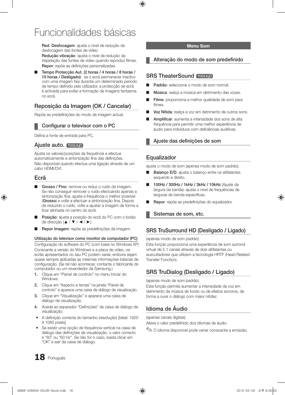 Funcionalidades básicas, Reposição da imagem (ok / cancelar), Ajuste auto | Ecrã, Srs theatersound, Equalizador, Srs trusurround hd (desligado / ligado), Srs trudialog (desligado / ligado), Idioma de áudio | Samsung UE40C6600UW User Manual | Page 198 / 362