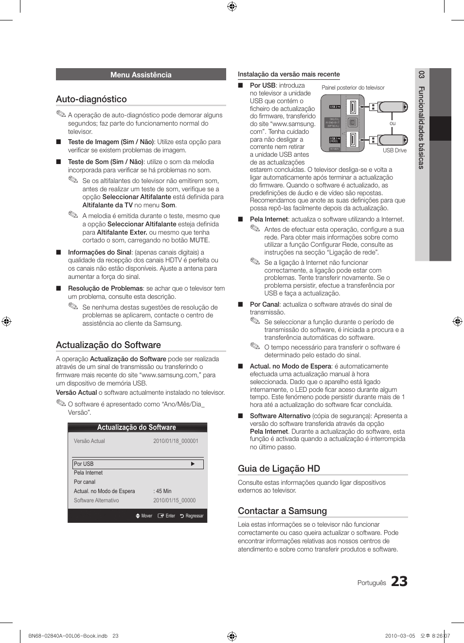 Auto-diagnóstico, Actualização do software, Guia de ligação hd | Contactar a samsung | Samsung UE40C6600UW User Manual | Page 203 / 362