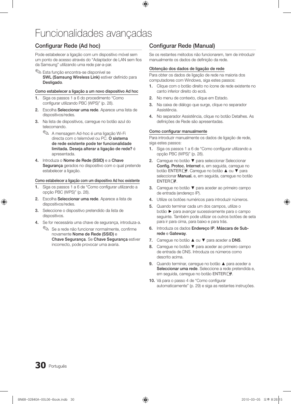 Funcionalidades avançadas, Configurar rede (ad hoc), Configurar rede (manual) | Samsung UE40C6600UW User Manual | Page 210 / 362