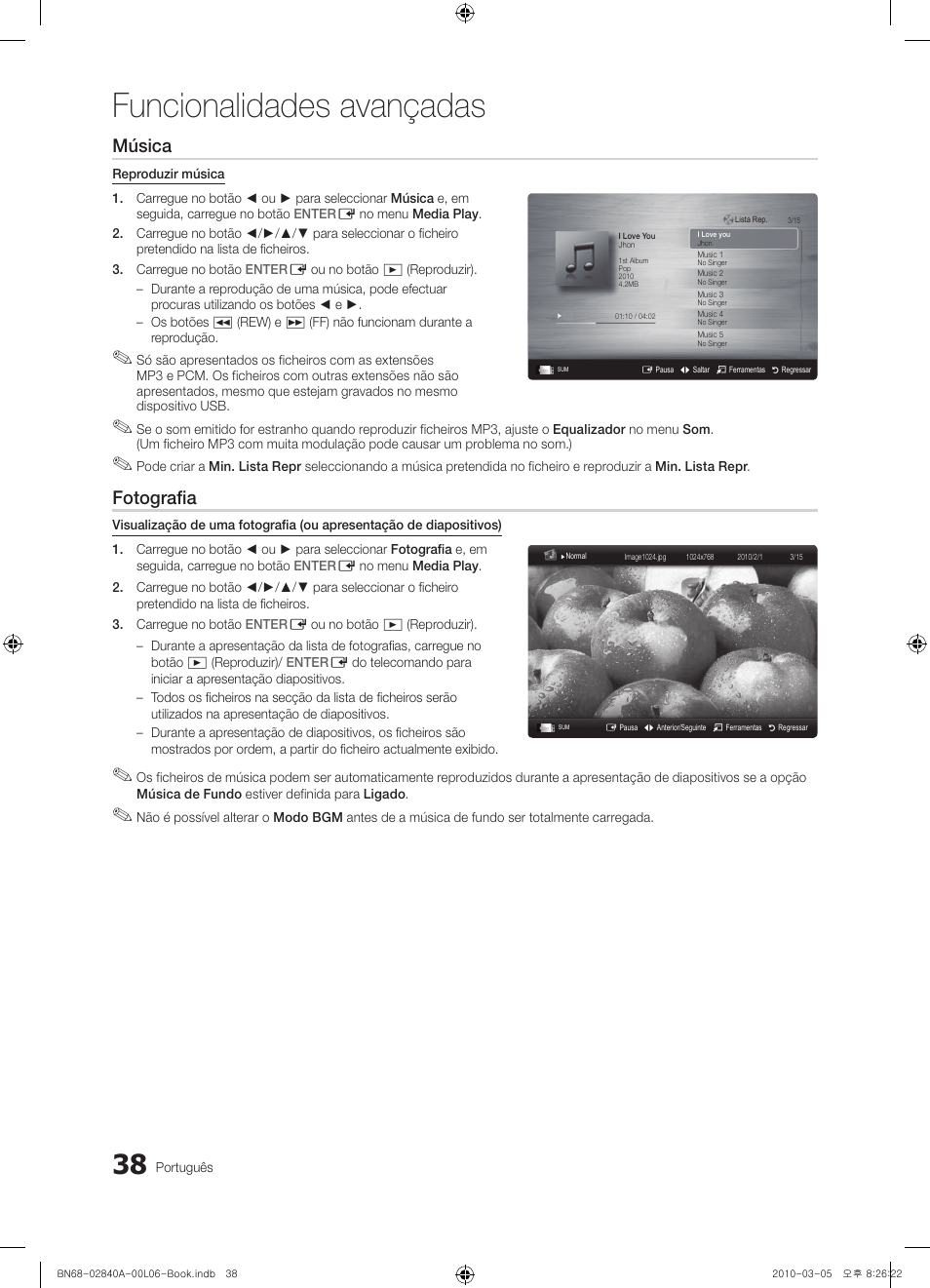 Funcionalidades avançadas, Música, Fotografia | Samsung UE40C6600UW User Manual | Page 218 / 362