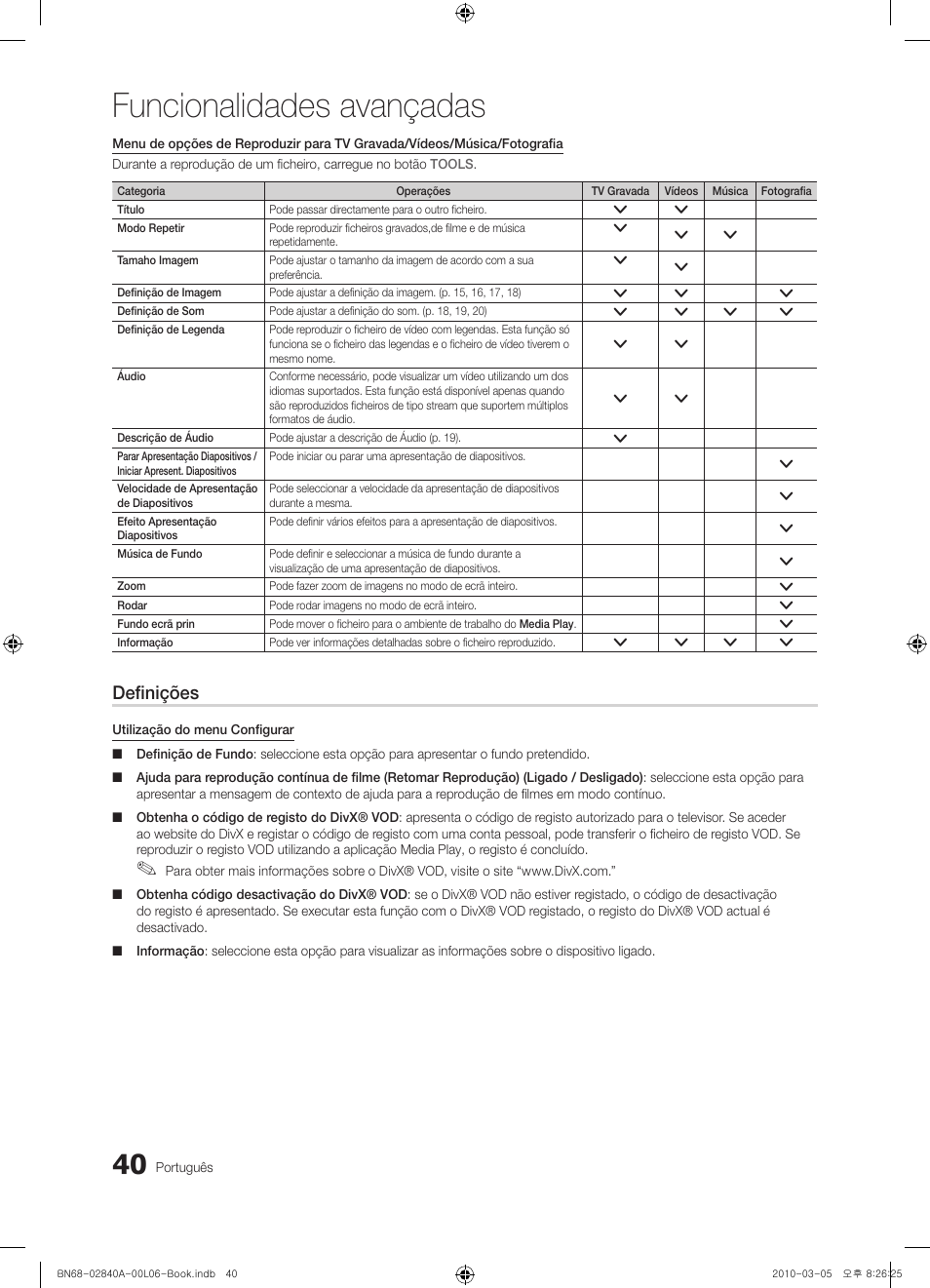 Funcionalidades avançadas, Definições | Samsung UE40C6600UW User Manual | Page 220 / 362