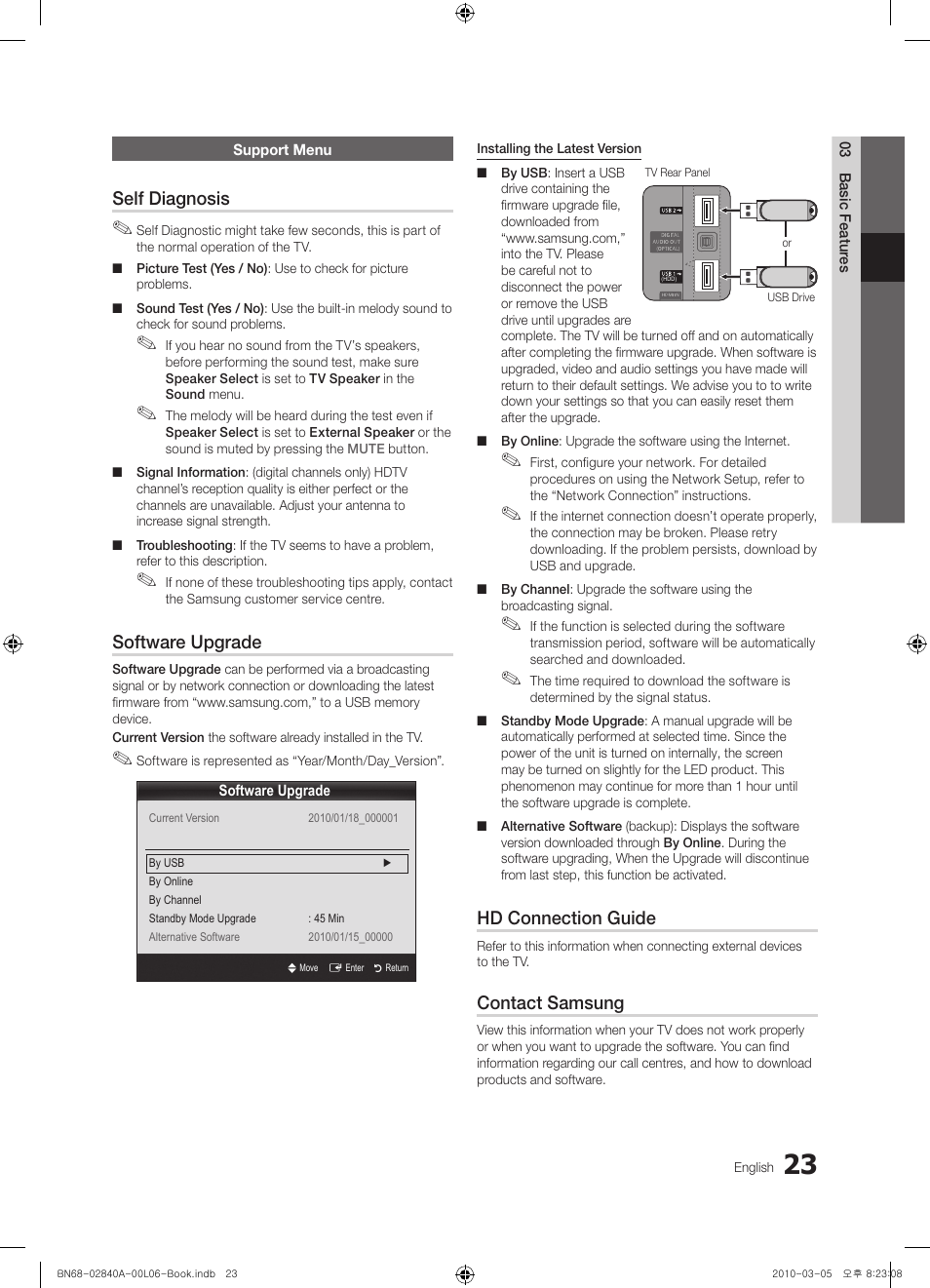 Self diagnosis, Software upgrade, Hd connection guide | Contact samsung | Samsung UE40C6600UW User Manual | Page 23 / 362