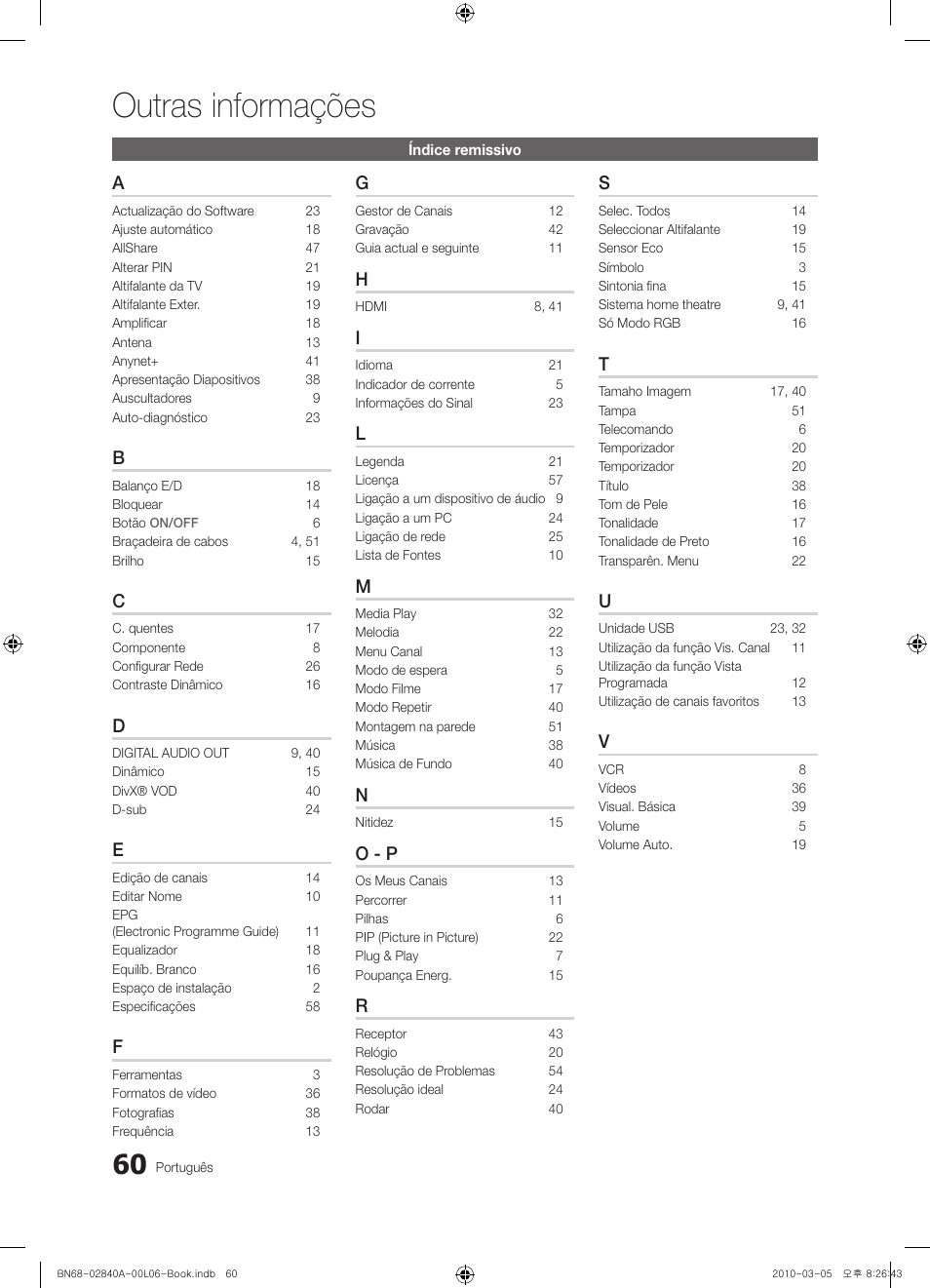 Outras informações, O - p | Samsung UE40C6600UW User Manual | Page 240 / 362