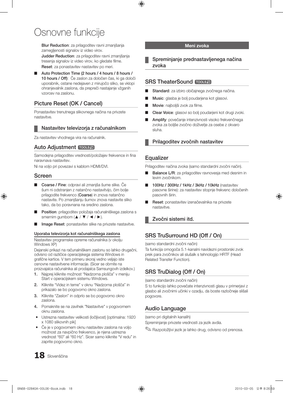 Osnovne funkcije, Picture reset (ok / cancel), Auto adjustment | Screen, Srs theatersound, Equalizer, Srs trusurround hd (off / on), Srs trudialog (off / on), Audio language | Samsung UE40C6600UW User Manual | Page 258 / 362