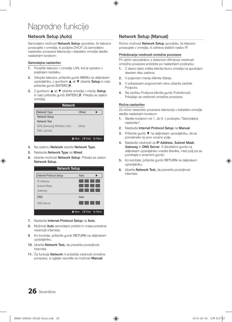 Napredne funkcije, Network setup (auto), Network setup (manual) | Samsung UE40C6600UW User Manual | Page 266 / 362