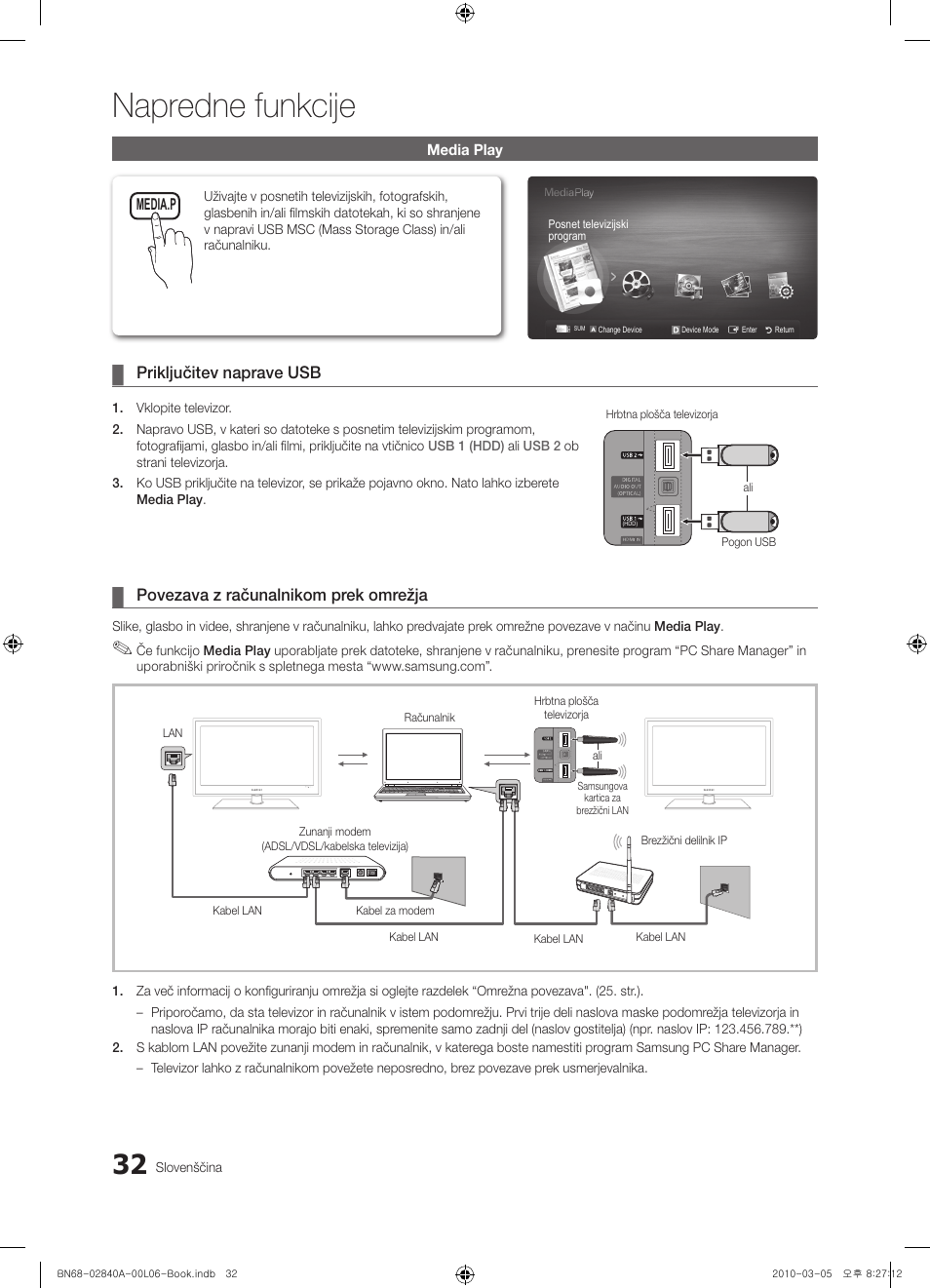 Napredne funkcije, Priključitev naprave usb, Povezava z računalnikom prek omrežja | Samsung UE40C6600UW User Manual | Page 272 / 362