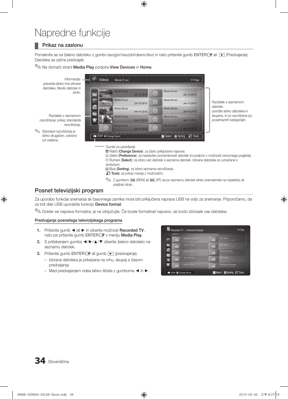 Napredne funkcije, Posnet televizijski program, Prikaz na zaslonu | Samsung UE40C6600UW User Manual | Page 274 / 362