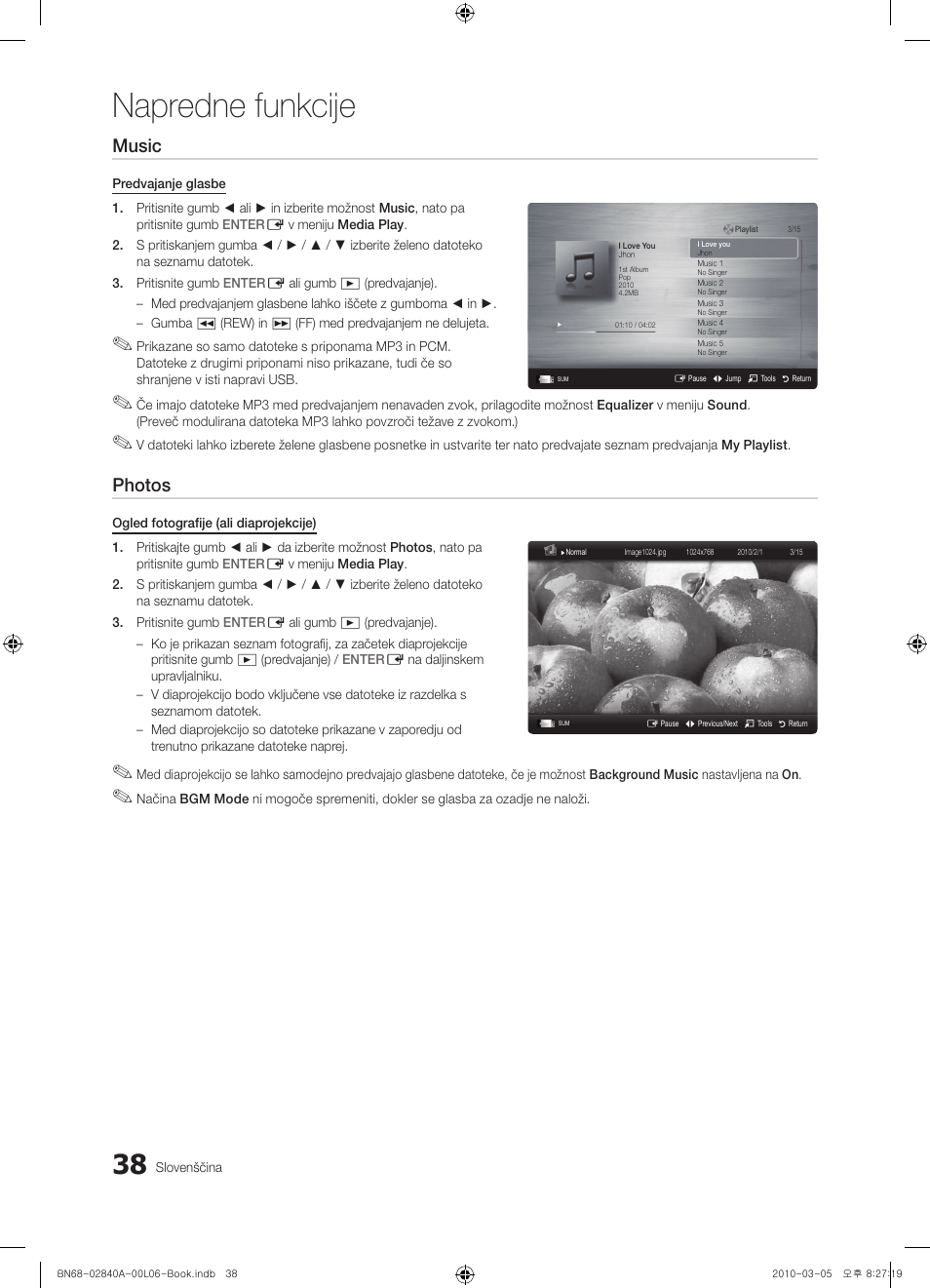 Napredne funkcije, Music, Photos | Samsung UE40C6600UW User Manual | Page 278 / 362