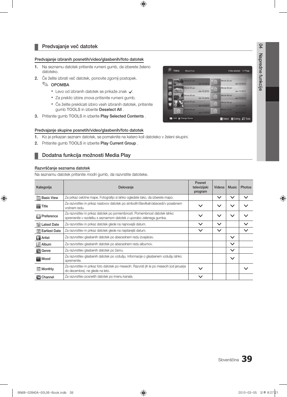 Predvajanje več datotek, Dodatna funkcija možnosti media play | Samsung UE40C6600UW User Manual | Page 279 / 362