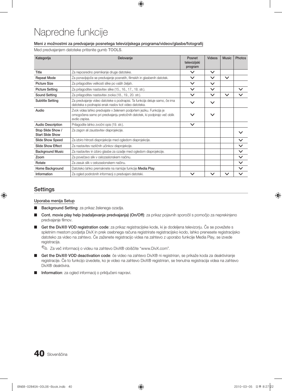 Napredne funkcije, Settings | Samsung UE40C6600UW User Manual | Page 280 / 362