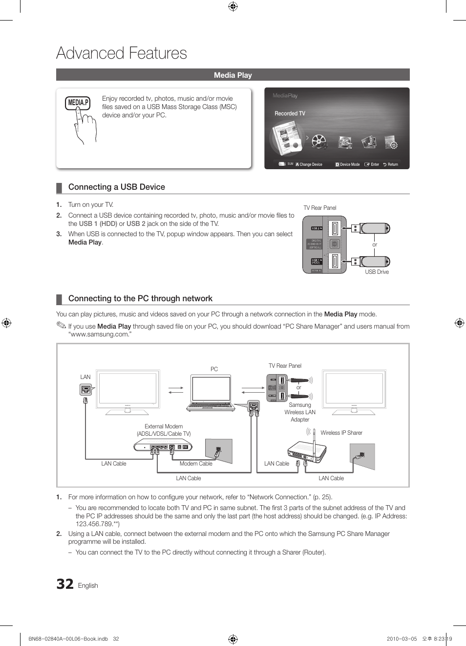 Advanced features, Connecting a usb device, Connecting to the pc through network | Samsung UE40C6600UW User Manual | Page 32 / 362