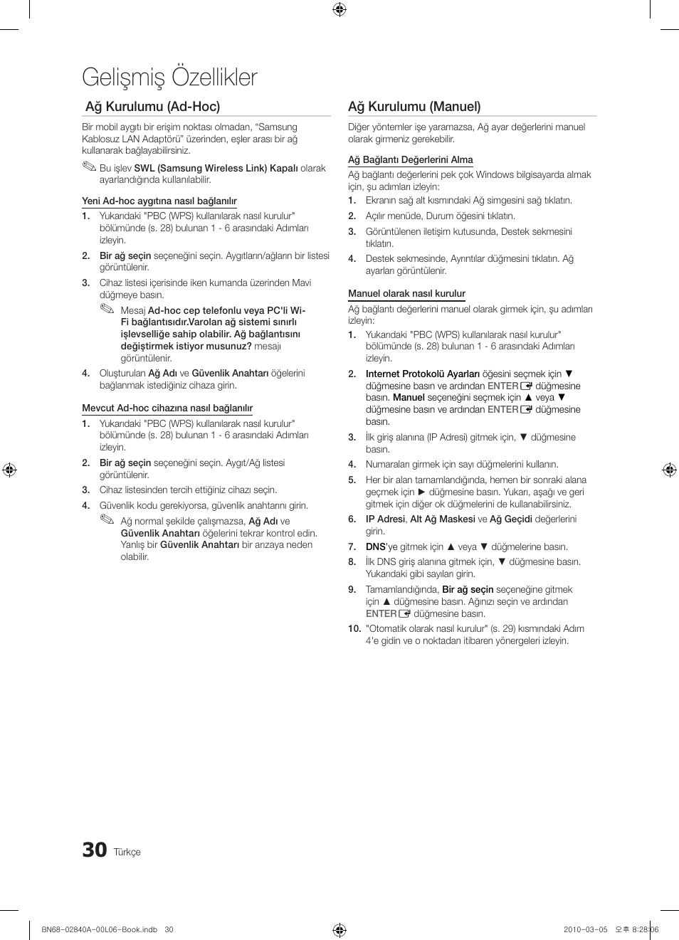 Gelişmiş özellikler, Ağ kurulumu (ad-hoc), Ağ kurulumu (manuel) | Samsung UE40C6600UW User Manual | Page 330 / 362