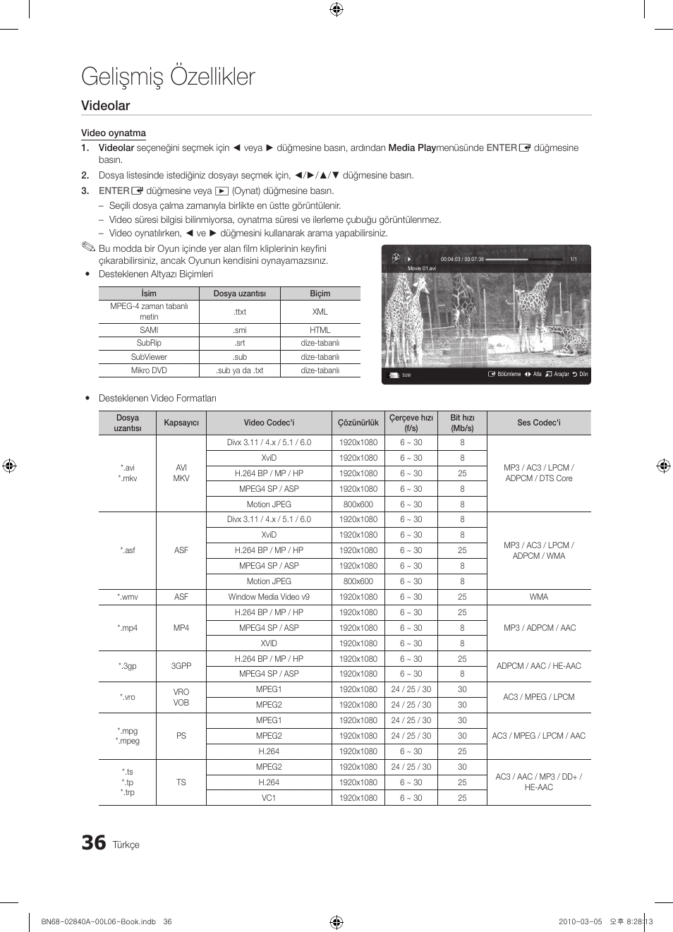 Gelişmiş özellikler, Videolar | Samsung UE40C6600UW User Manual | Page 336 / 362