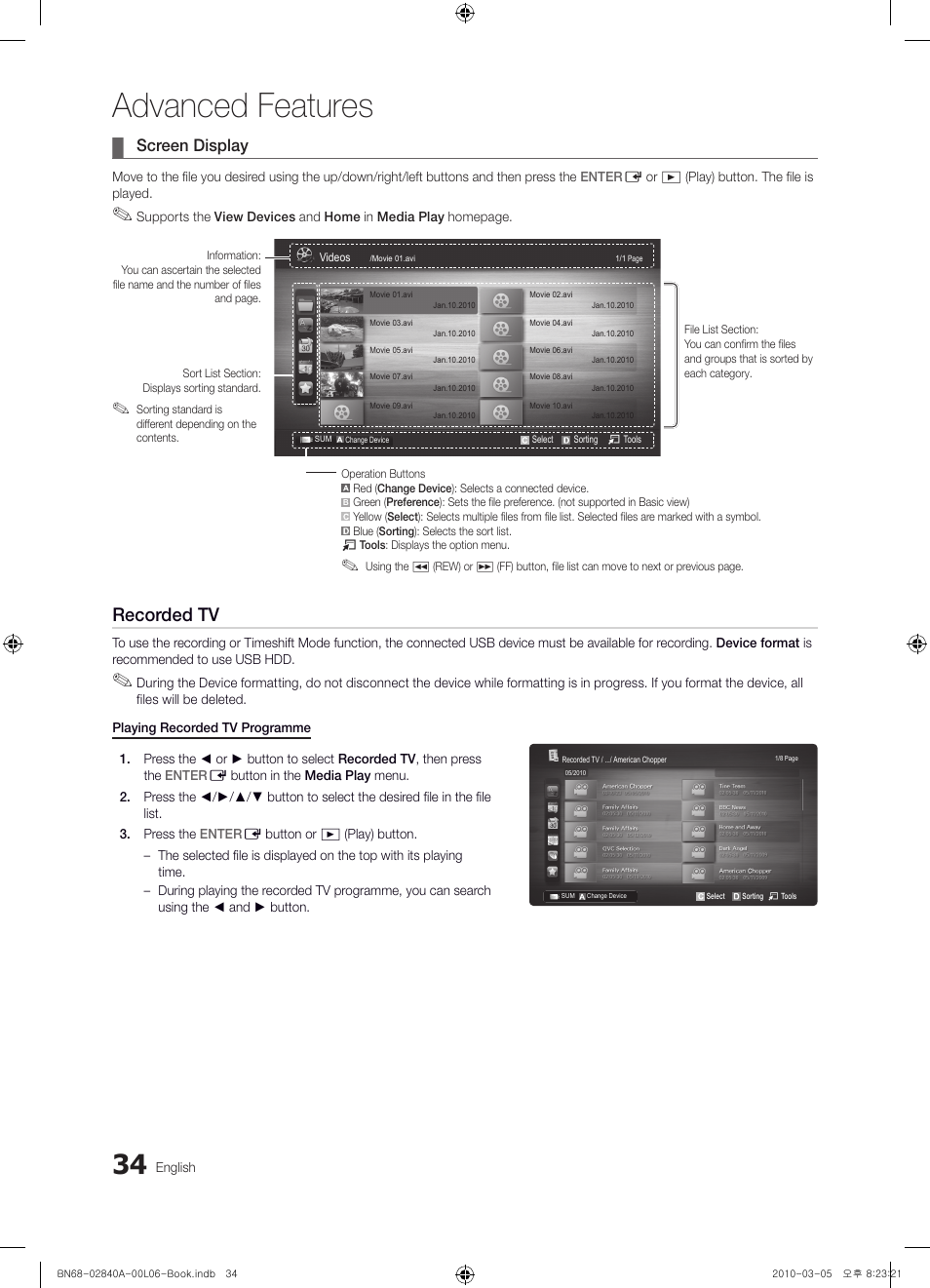 Advanced features, Recorded tv, Screen display | Samsung UE40C6600UW User Manual | Page 34 / 362