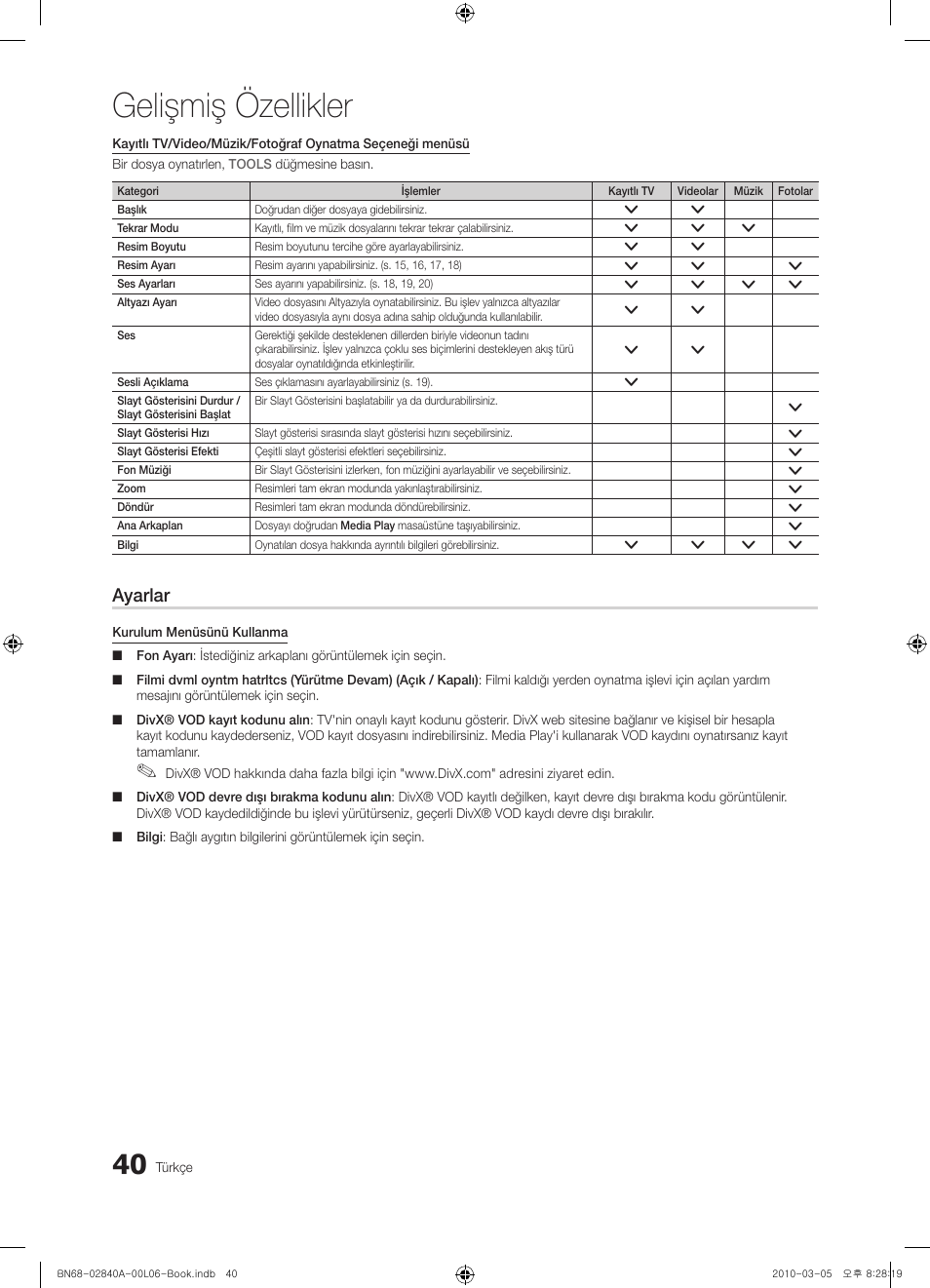 Gelişmiş özellikler, Ayarlar | Samsung UE40C6600UW User Manual | Page 340 / 362