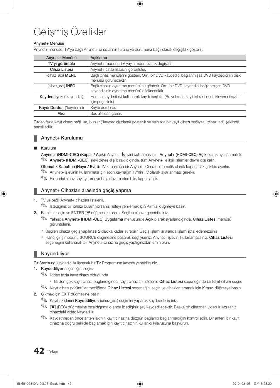 Gelişmiş özellikler | Samsung UE40C6600UW User Manual | Page 342 / 362