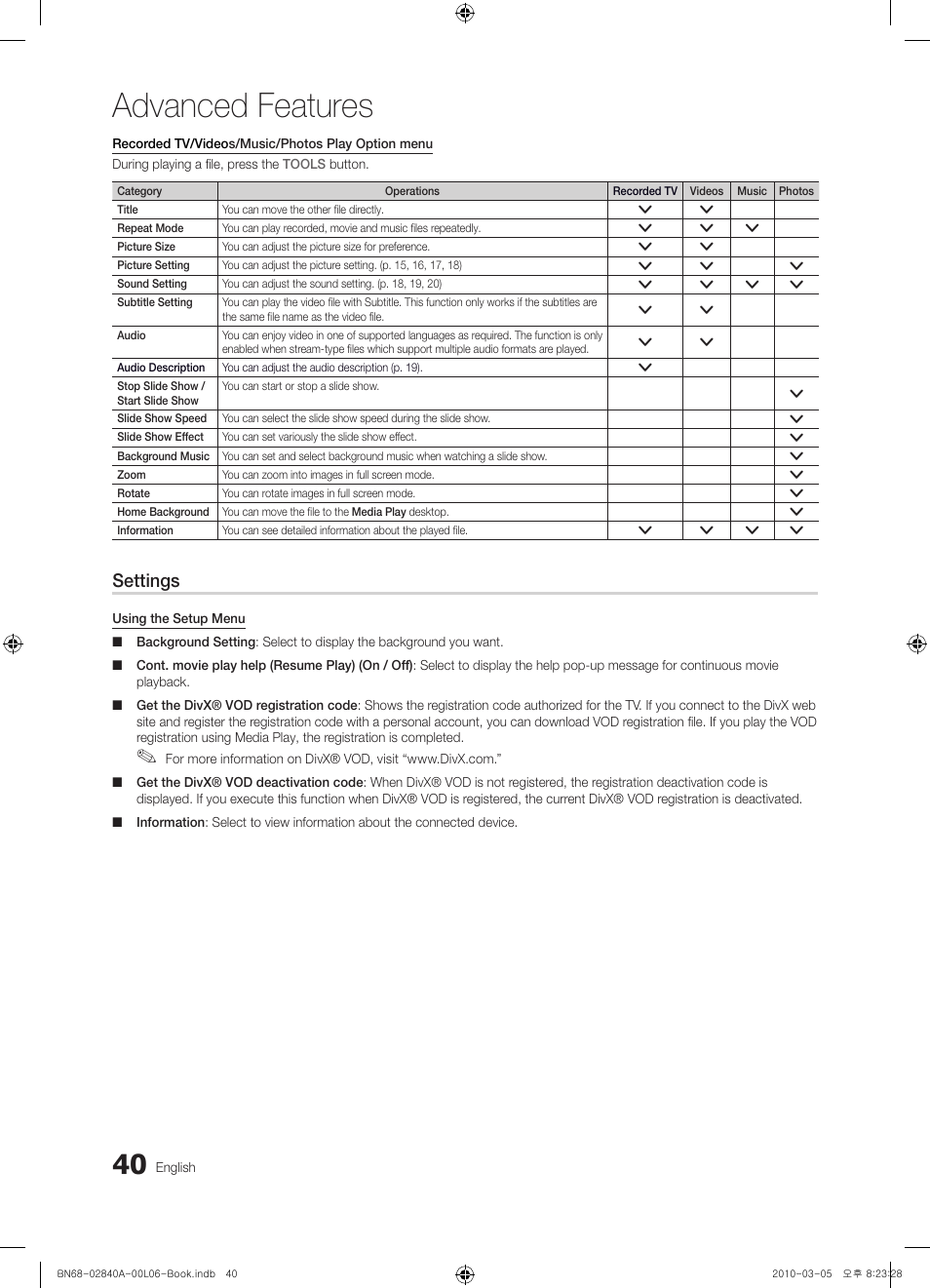 Advanced features, Settings | Samsung UE40C6600UW User Manual | Page 40 / 362