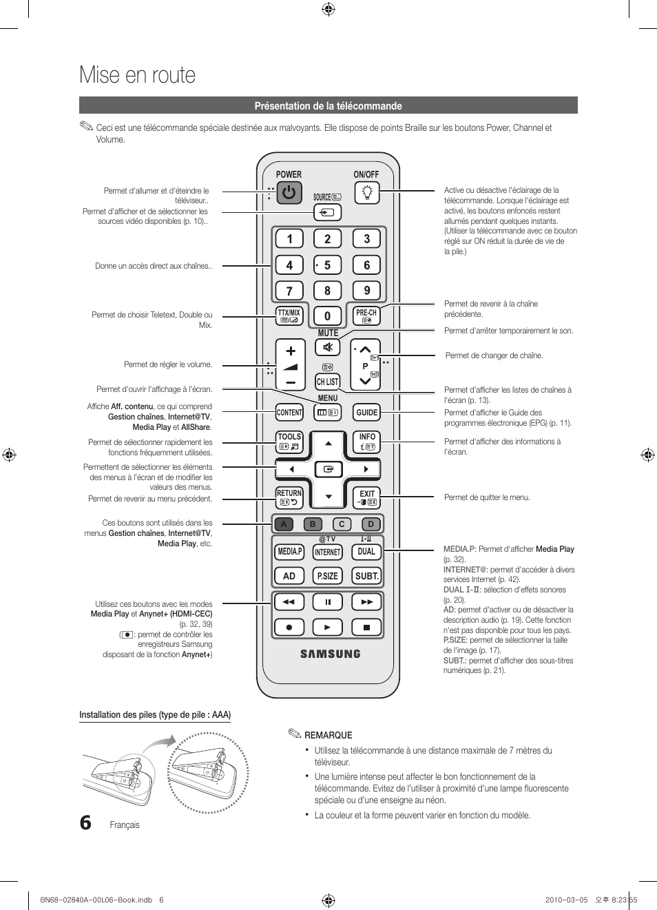 Mise en route | Samsung UE40C6600UW User Manual | Page 66 / 362