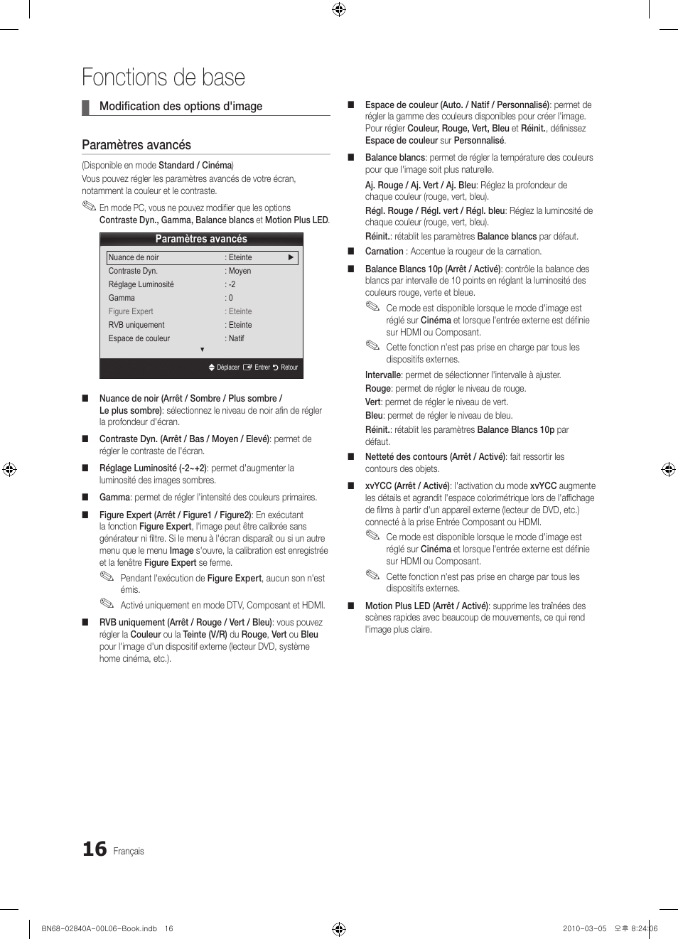 Fonctions de base, Paramètres avancés | Samsung UE40C6600UW User Manual | Page 76 / 362