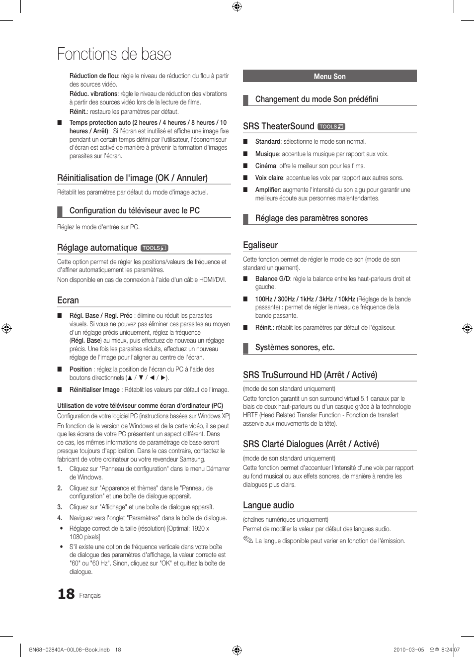 Fonctions de base, Réinitialisation de l'image (ok / annuler), Réglage automatique | Ecran, Srs theatersound, Egaliseur, Srs trusurround hd (arrêt / activé), Srs clarté dialogues (arrêt / activé), Langue audio | Samsung UE40C6600UW User Manual | Page 78 / 362