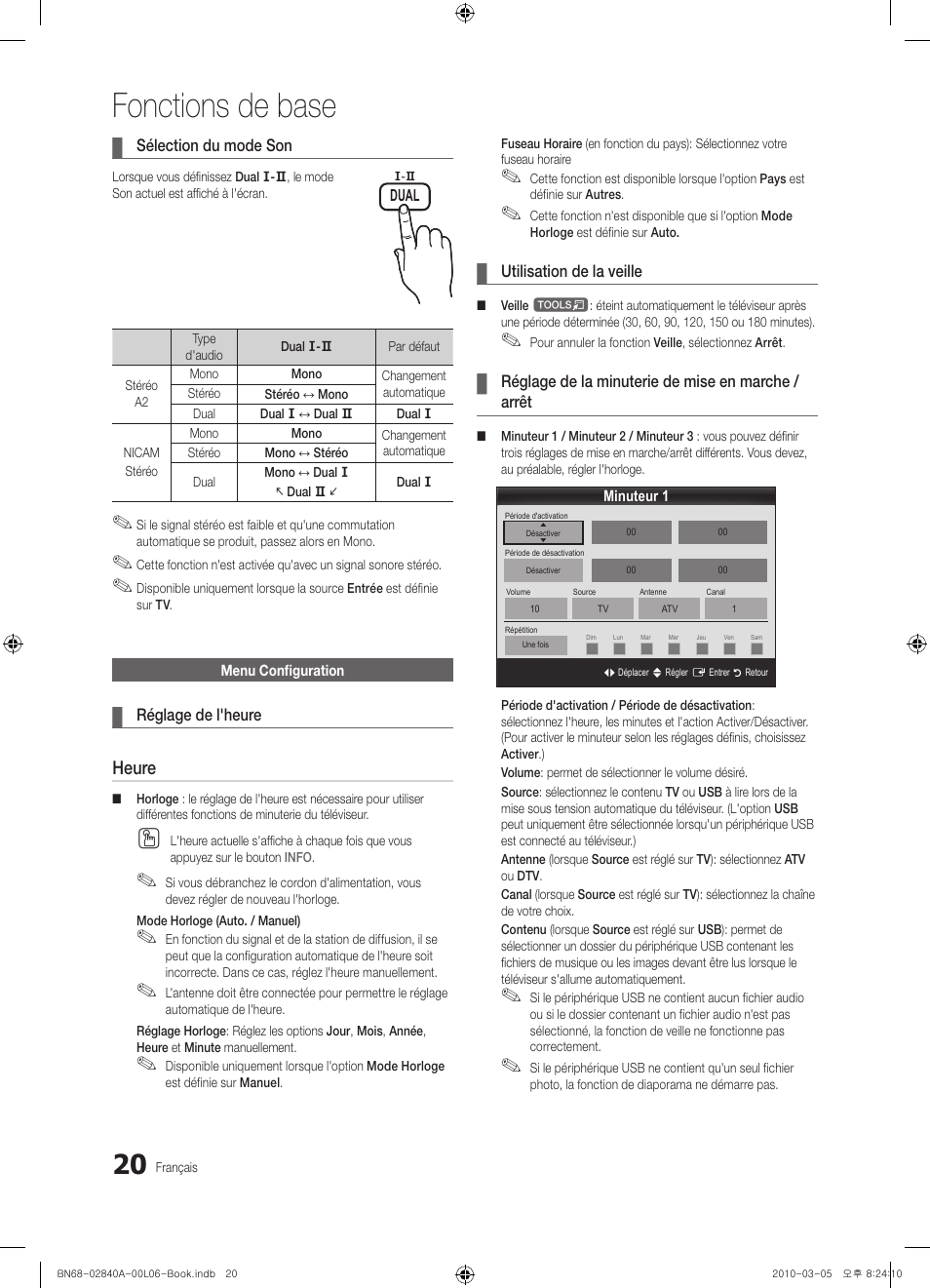 Fonctions de base, Heure | Samsung UE40C6600UW User Manual | Page 80 / 362