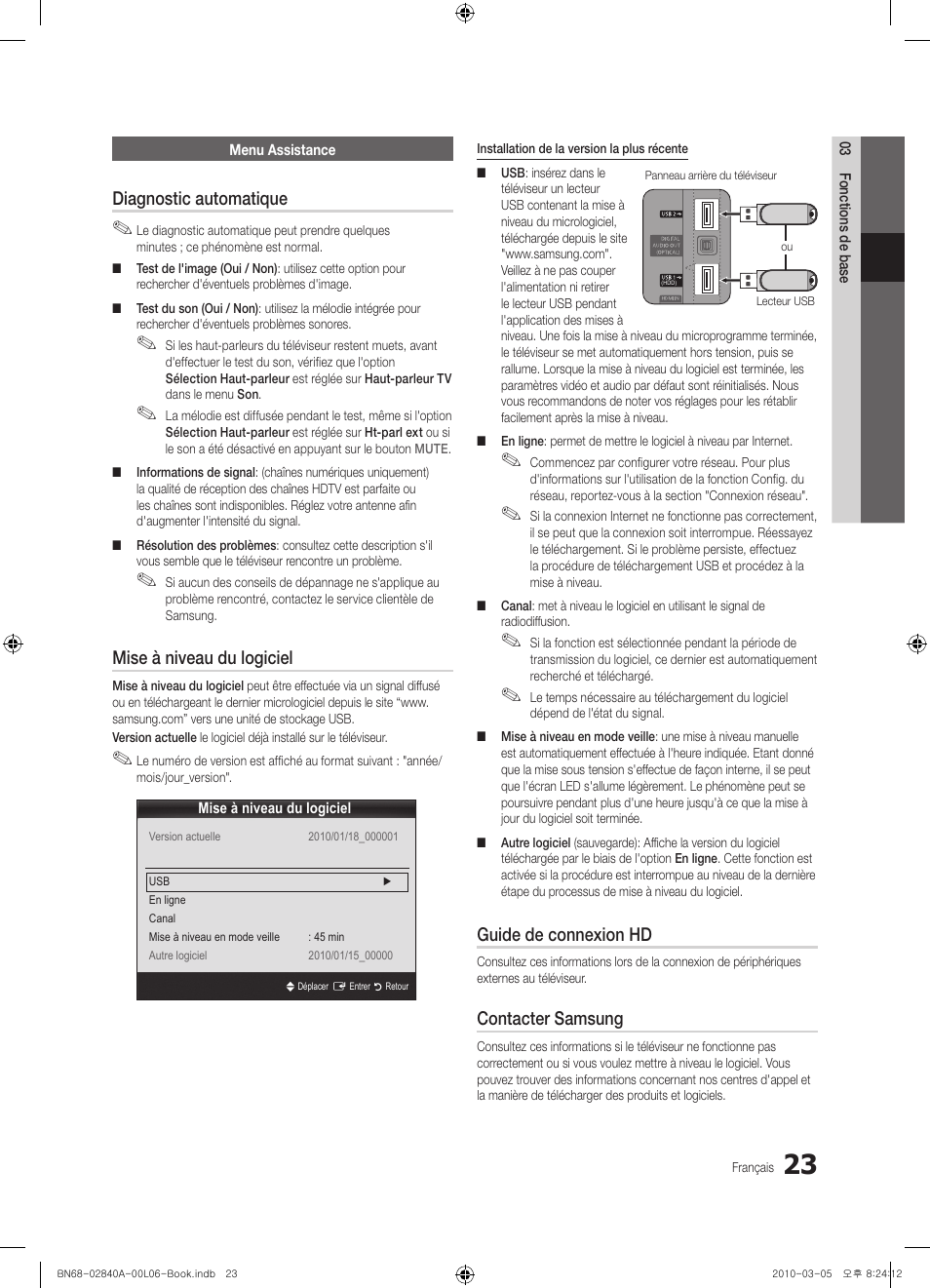 Diagnostic automatique, Mise à niveau du logiciel, Guide de connexion hd | Contacter samsung | Samsung UE40C6600UW User Manual | Page 83 / 362