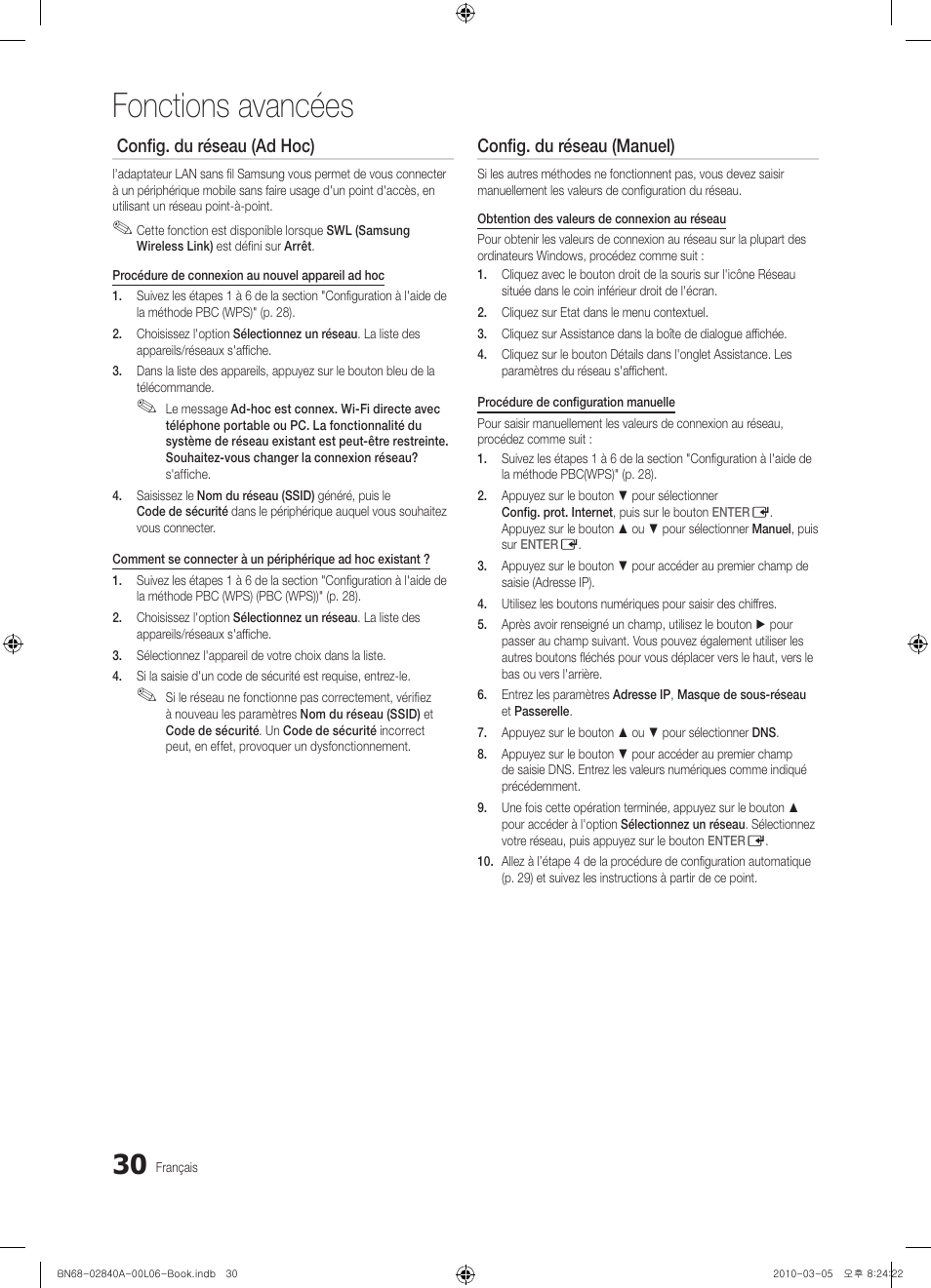 Fonctions avancées, Config. du réseau (ad hoc), Config. du réseau (manuel) | Samsung UE40C6600UW User Manual | Page 90 / 362