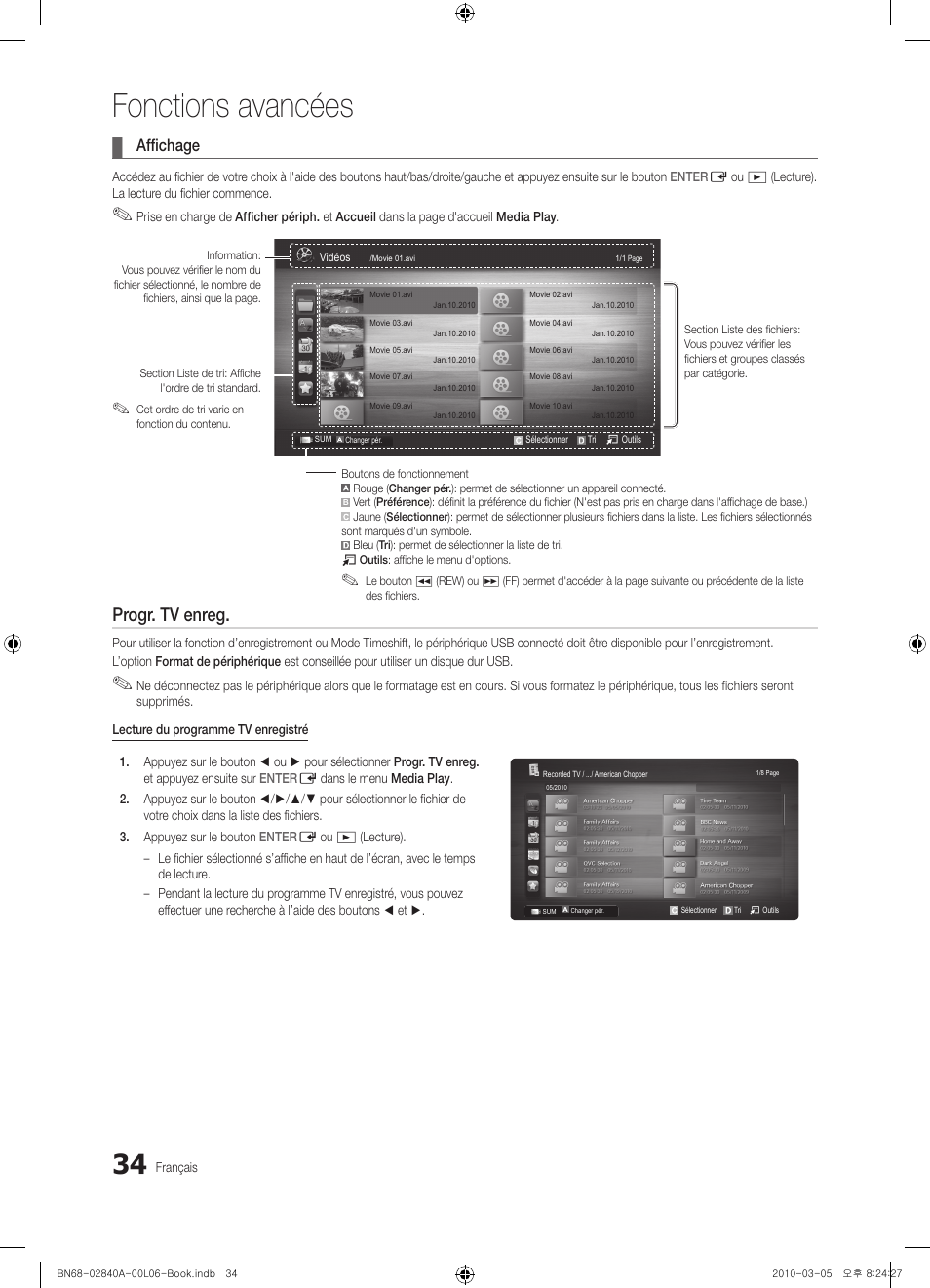 Fonctions avancées, Progr. tv enreg, Affichage | Samsung UE40C6600UW User Manual | Page 94 / 362