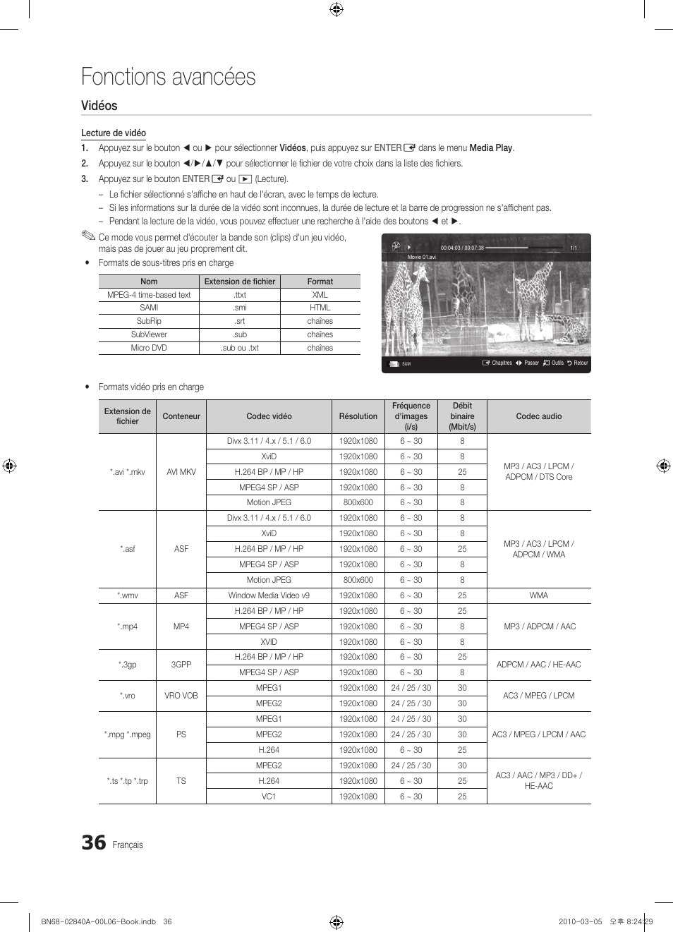 Fonctions avancées, Vidéos | Samsung UE40C6600UW User Manual | Page 96 / 362