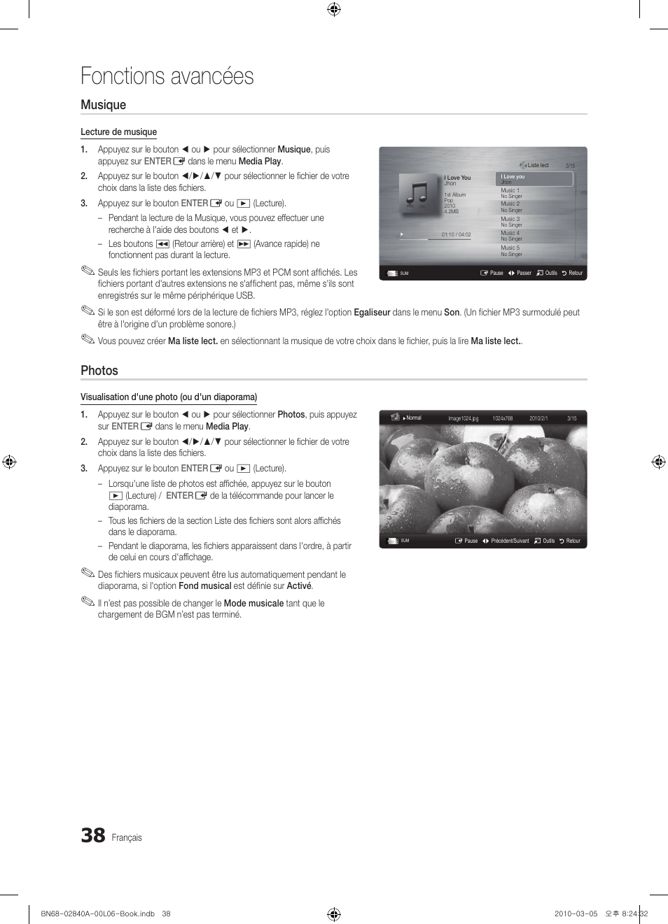 Fonctions avancées, Musique, Photos | Samsung UE40C6600UW User Manual | Page 98 / 362