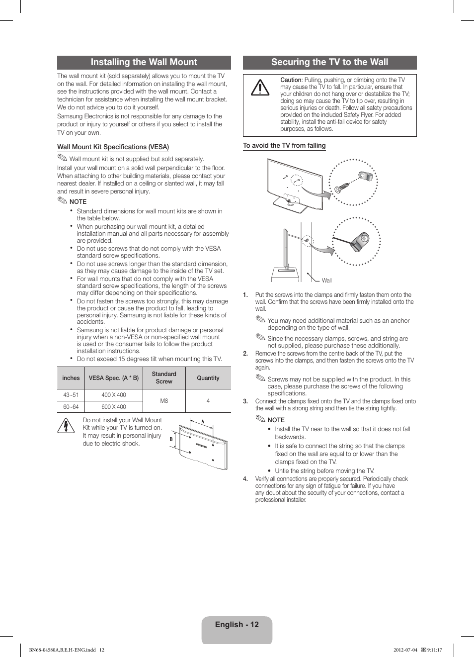 Installing the wall mount, Securing the tv to the wall | Samsung PS51E490B1W User Manual | Page 12 / 57