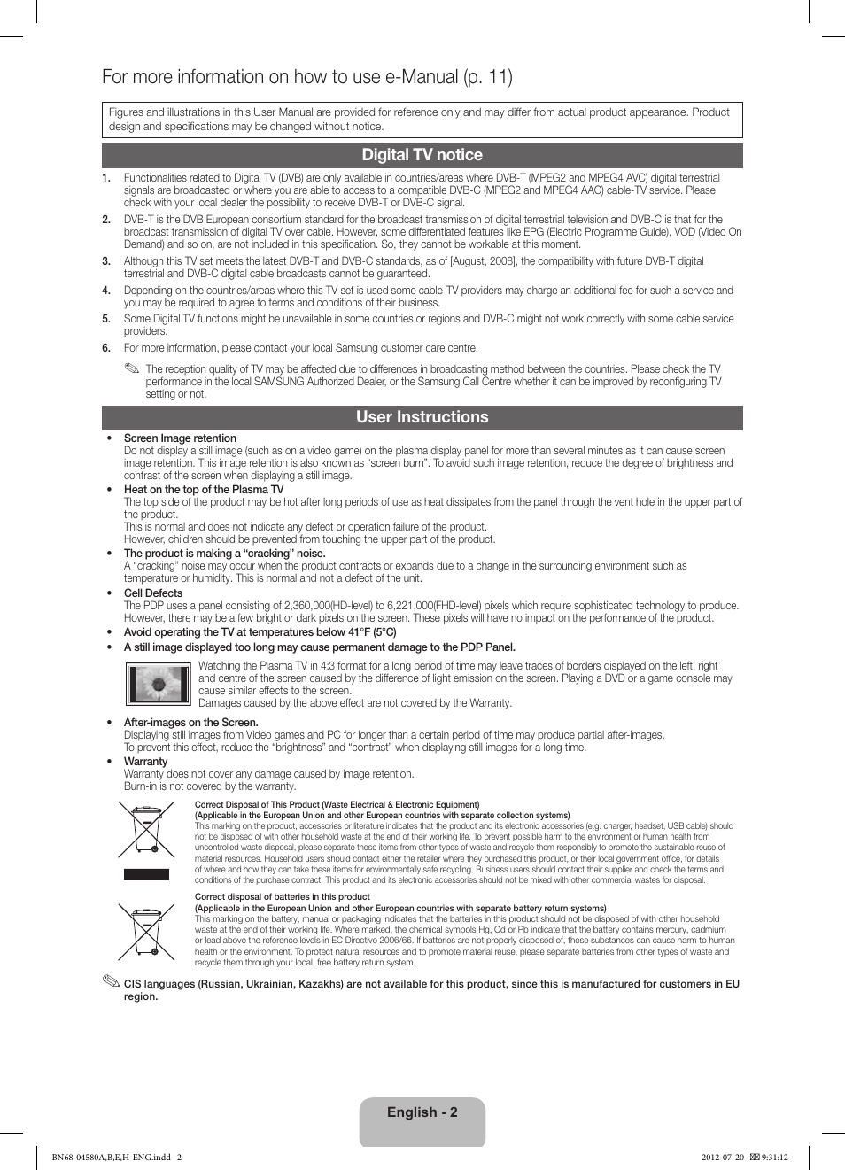 Digital tv notice, User instructions | Samsung PS51E490B1W User Manual | Page 2 / 57