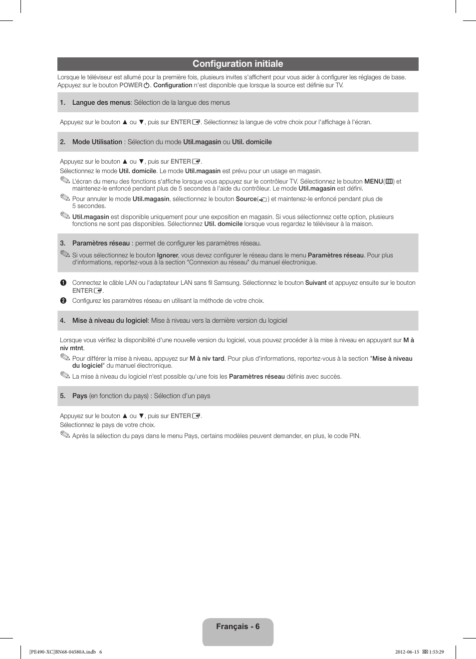 Configuration initiale | Samsung PS51E490B1W User Manual | Page 20 / 57