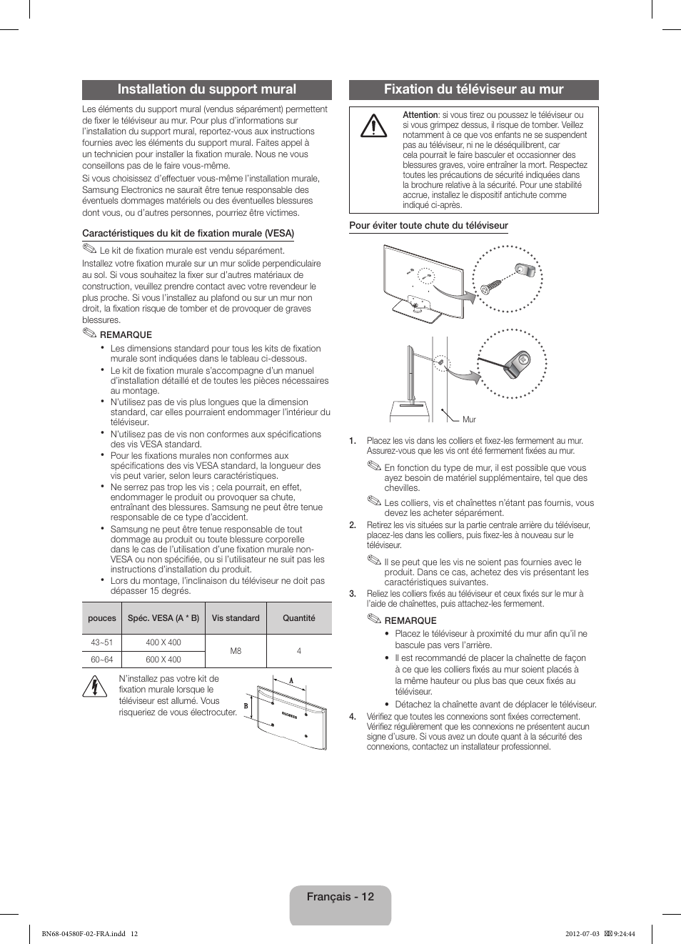 Installation du support mural, Fixation du téléviseur au mur | Samsung PS51E490B1W User Manual | Page 26 / 57