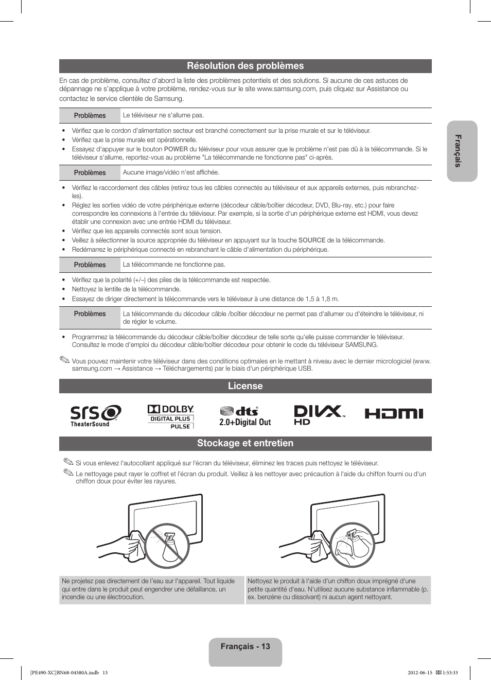 Résolution des problèmes, License stockage et entretien | Samsung PS51E490B1W User Manual | Page 27 / 57