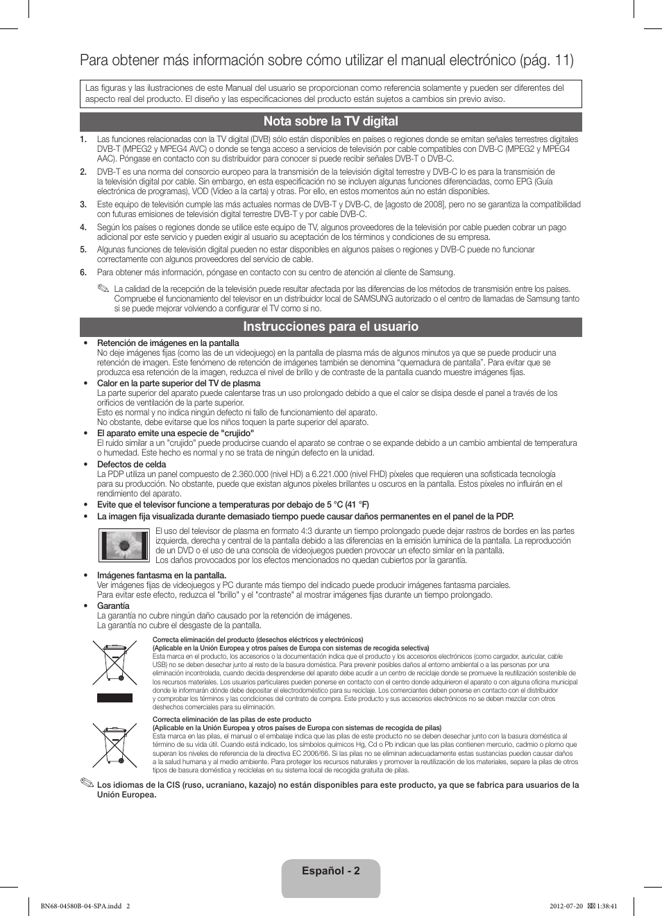 Nota sobre la tv digital, Instrucciones para el usuario | Samsung PS51E490B1W User Manual | Page 30 / 57