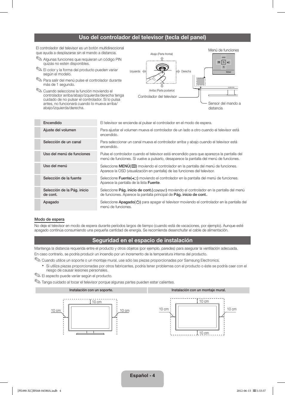 Seguridad en el espacio de instalación | Samsung PS51E490B1W User Manual | Page 32 / 57